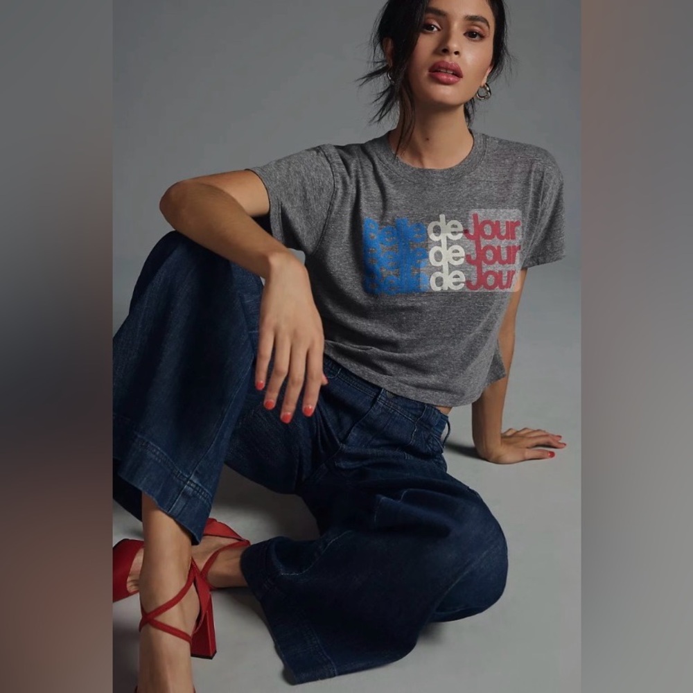 MOTHER Gray Graphic Crop Top